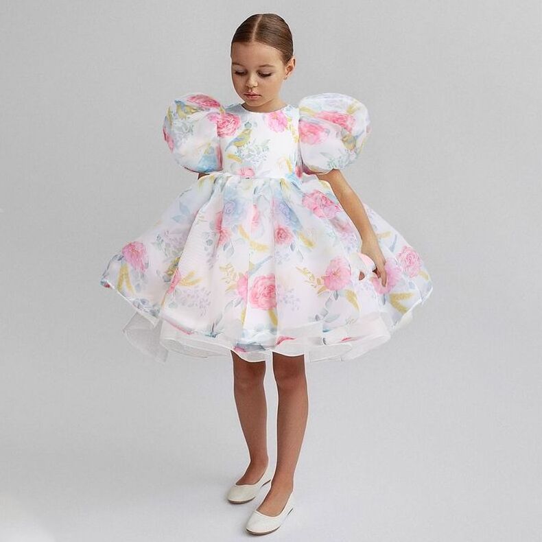 Elegant Girls Flower Puff Sleeve Dresses For Weddings Kids Formal Birthday Party Fairy Princess Cloth Children Tulle