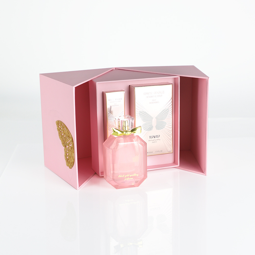 Custom eco 30ml 50ml 100ml pink luxury elegant double open door rigid cardboard paper oil perfume gift box packaging for women