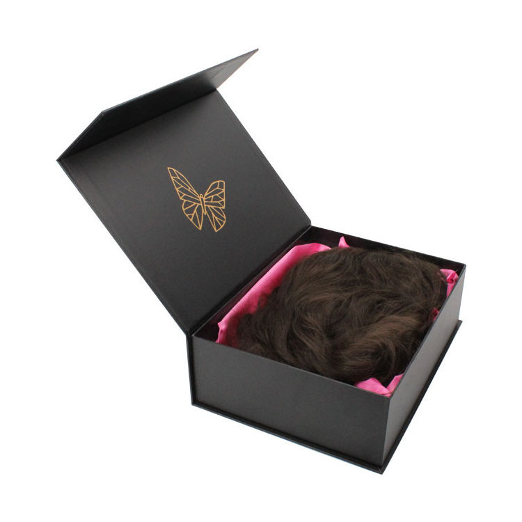 Custom Logo Black Paper Box Package Hair Wig Packing Boxes Magnetic Gift Wig Packaging Boxes