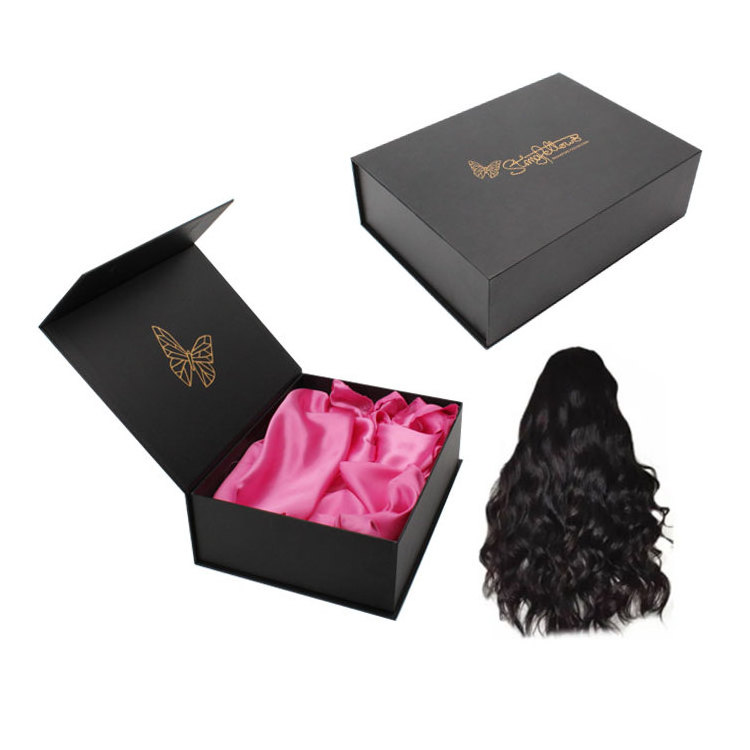 Custom Logo Black Paper Box Package Hair Wig Packing Boxes Magnetic Gift Wig Packaging Boxes