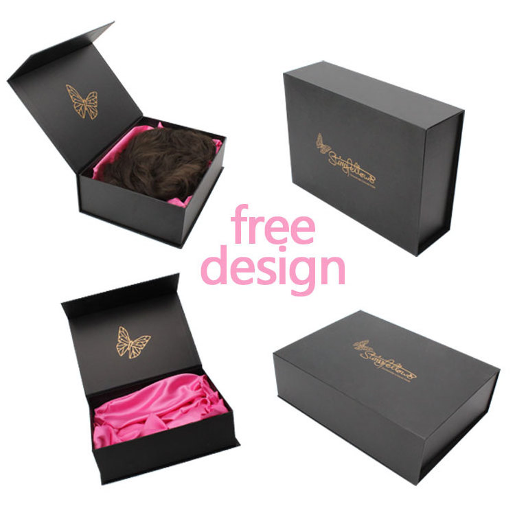 Custom Logo Black Paper Box Package Hair Wig Packing Boxes Magnetic Gift Wig Packaging Boxes