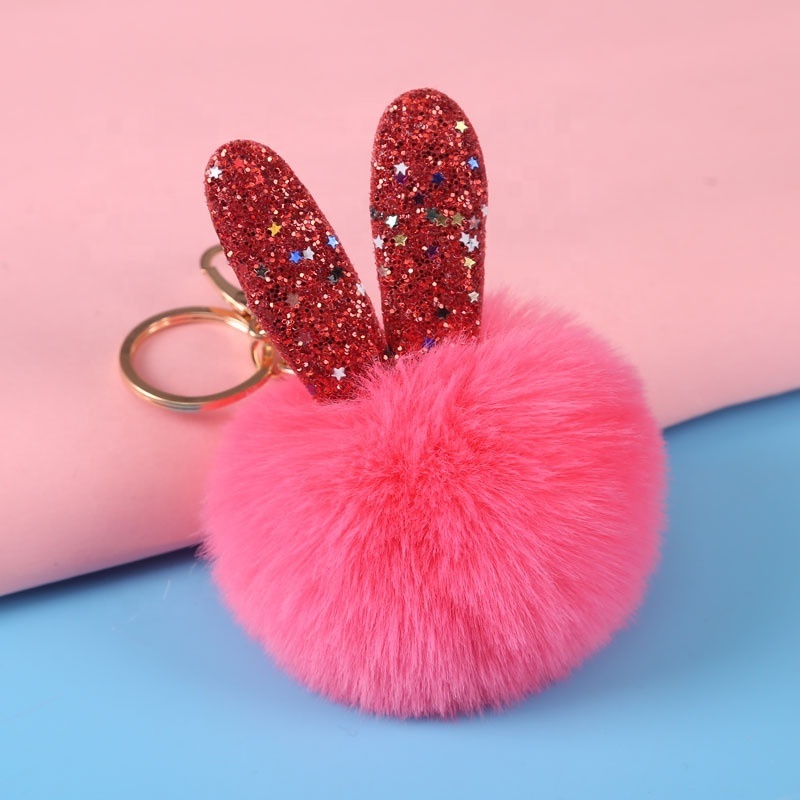 Fashion Fancy Fluffy Faux Fur Key Ring Pompom Rabbit Ear Key Chain Faux Rabbit Fur Keychains