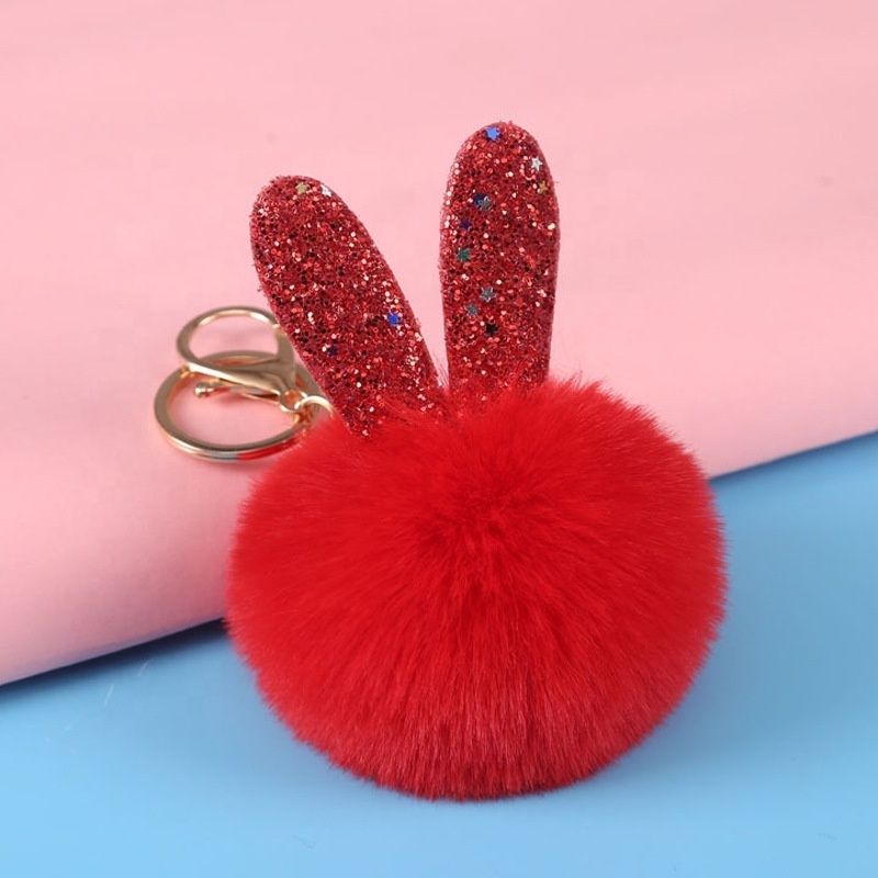 Fashion Fancy Fluffy Faux Fur Key Ring Pompom Rabbit Ear Key Chain Faux Rabbit Fur Keychains