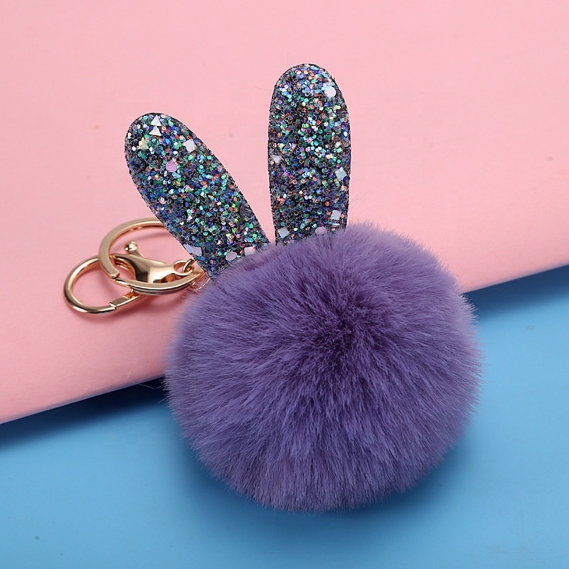 Fashion Fancy Fluffy Faux Fur Key Ring Pompom Rabbit Ear Key Chain Faux Rabbit Fur Keychains