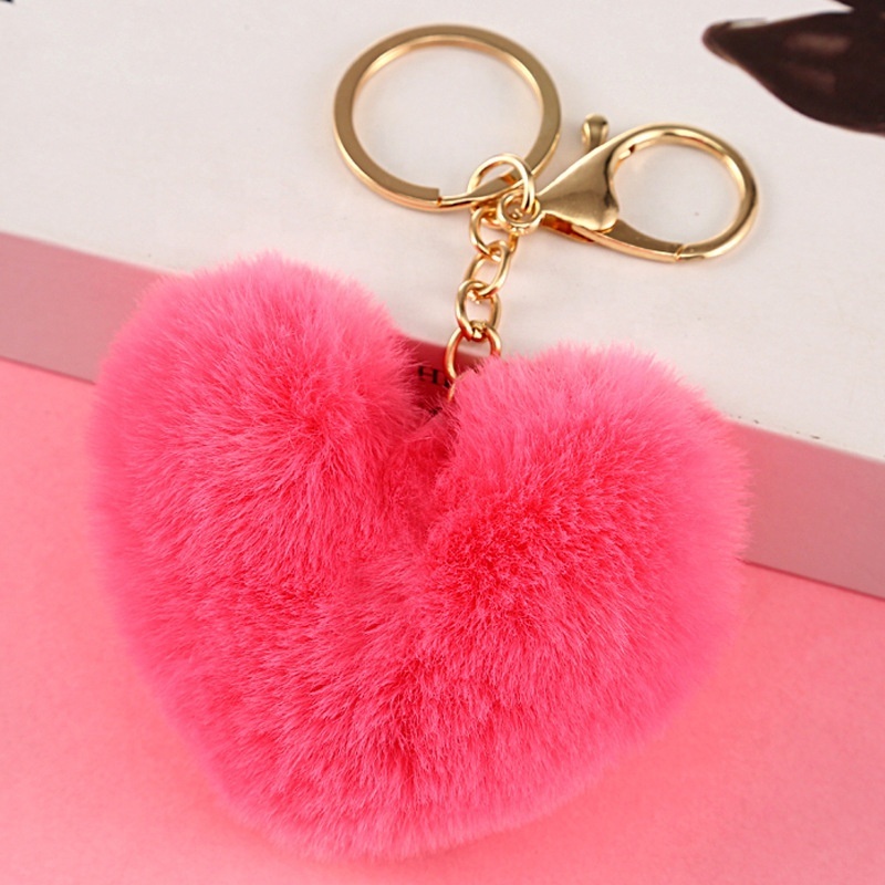 Heart Pom Pom Keychain Colored Bulk Fluffy Fur Puff Ball Key For Women PomPom Keychains Heart Shaped Pompoms Keyring