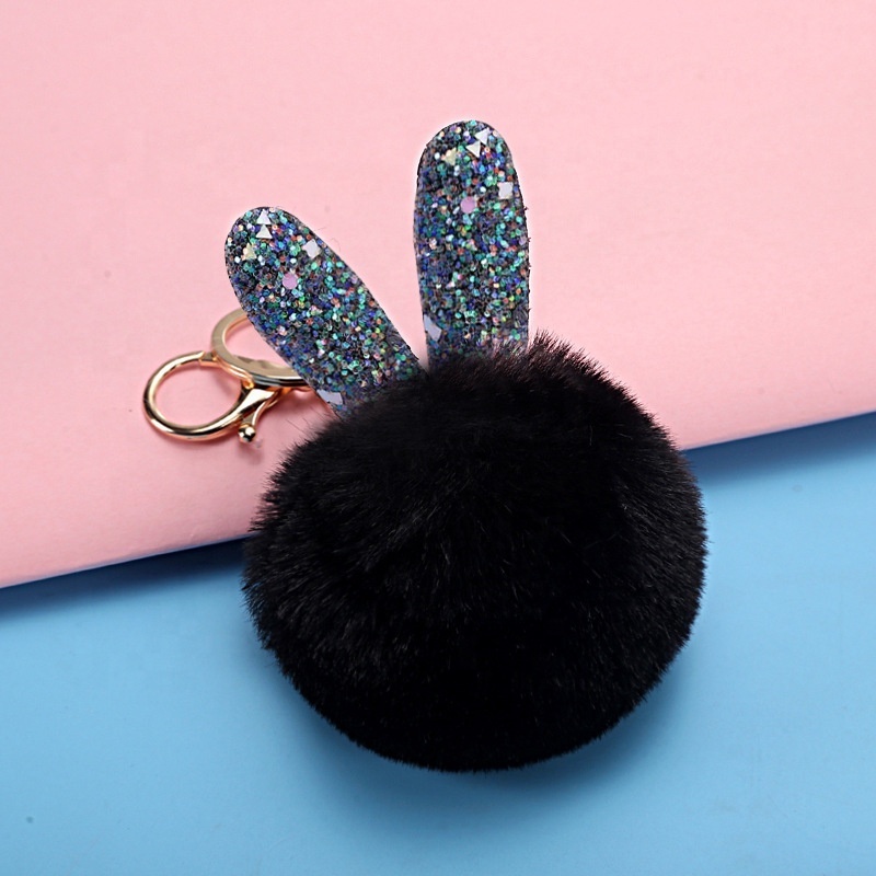 Fashion Fancy Fluffy Faux Fur Key Ring Pompom Rabbit Ear Key Chain Faux Rabbit Fur Keychains