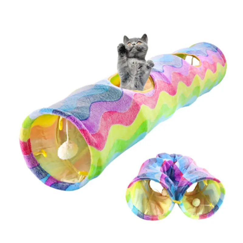 Hot sale Rainbow Warm Safe Polar Fleece One Way Attachable Foldable Pet Cat Tunnel Toy with Crinkle Sound