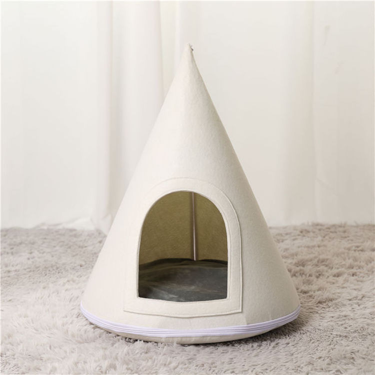 2024 Factory Price Semienclosed Light Color Pet Teepee Dog & Puppy Tents Tipi Bed Portable Felt Cat Bed Cat Beds For Indoor Cats