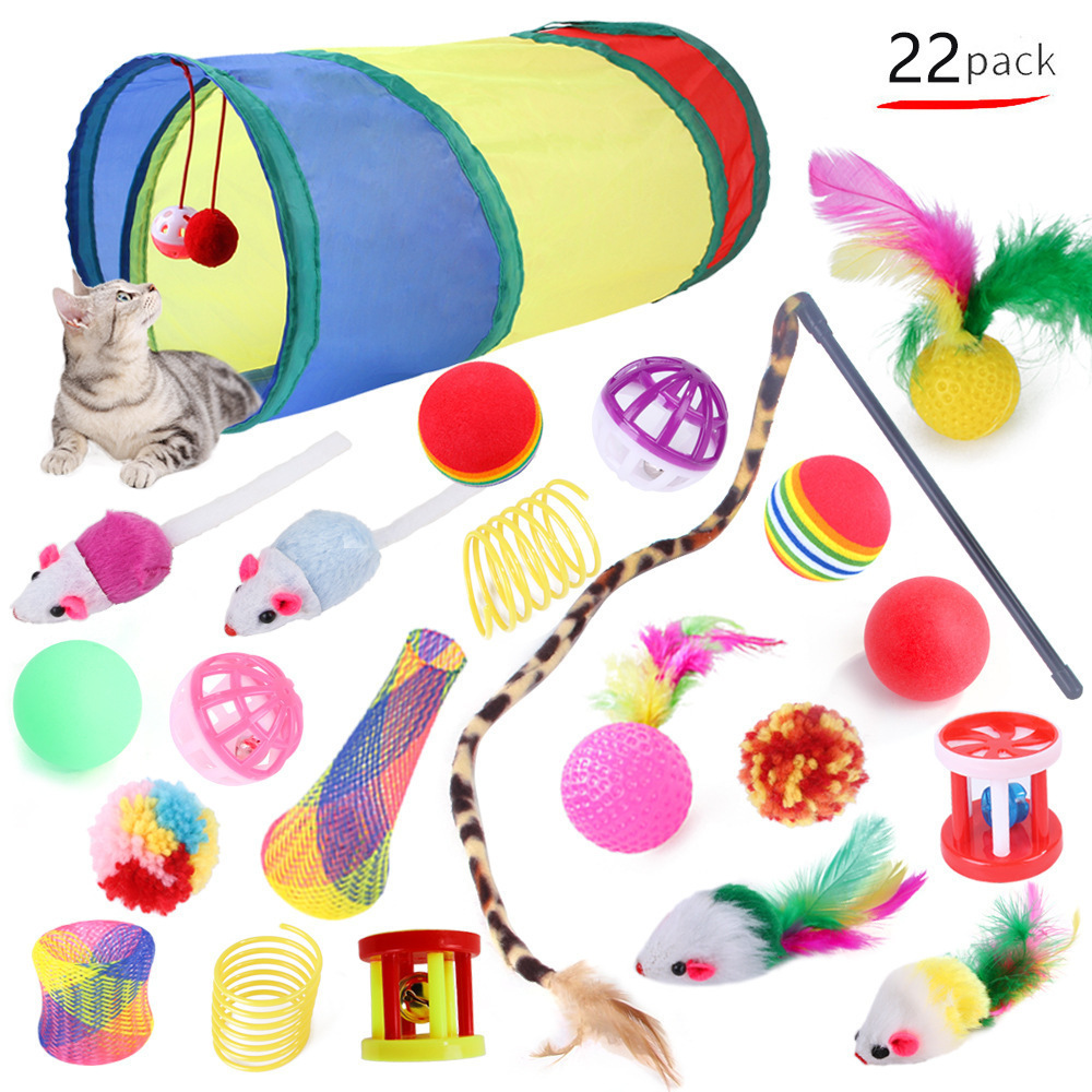 wholesale 21PCS Cat Toys Interactive Kitten Toys Assortments Tunnel Balls Fish Feather Teaser Wand Mice