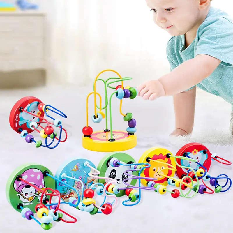 TSMontessori brightly colorful mini wire roller puzzle counting frames circle bead maze wooden educational toys for baby toddler