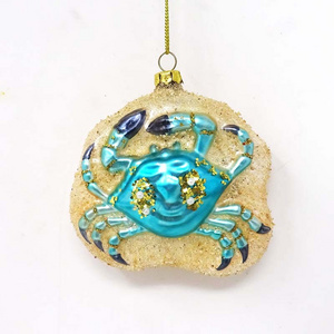 Wholesale christmas tree glass decoration ornament blue crabs crawl flat ball ornaments