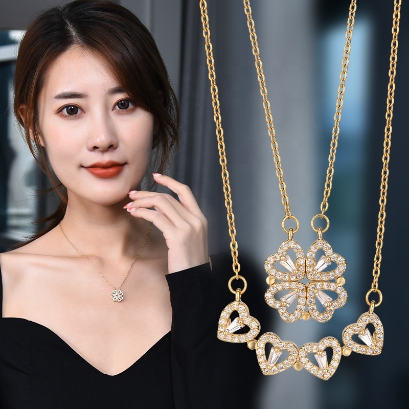 2024 Wholesale Jewelry Fashion Four Leaf Clover Crystal Magnet Necklace Personality Gold Plated Stainless Steel Necklace For Women