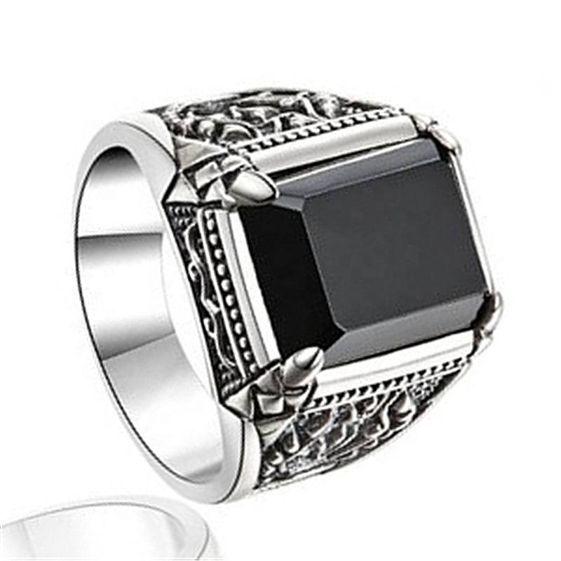 Turkish Jewelry Black Ring Men Light-weight Silver Mens Rings Agate Stone Vintage Cool Fashion Alloy Cocktail Ring Amethyst