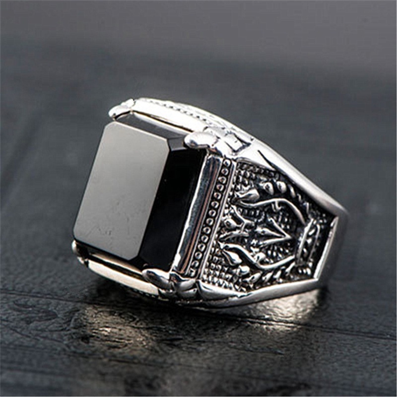 Turkish Jewelry Black Ring Men Light-weight Silver Mens Rings Agate Stone Vintage Cool Fashion Alloy Cocktail Ring Amethyst