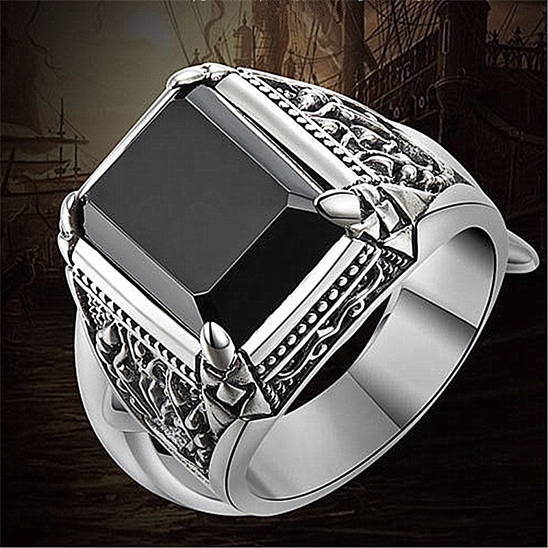 Turkish Jewelry Black Ring Men Light-weight Silver Mens Rings Agate Stone Vintage Cool Fashion Alloy Cocktail Ring Amethyst