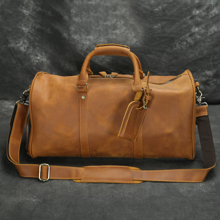 Vintage Crazy Horse Leather Men's Travel Duffle Luggage Bag With Shoes Compartment Bag