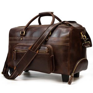 Vintage men leather trolley travel bag large capacity crazy horse leather suitcase for business travel Draw bar box