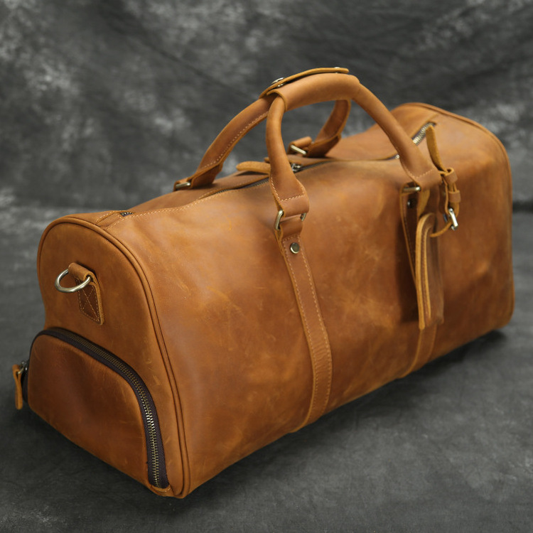 Vintage Crazy Horse Leather Men's Travel Duffle Luggage Bag With Shoes Compartment Bag