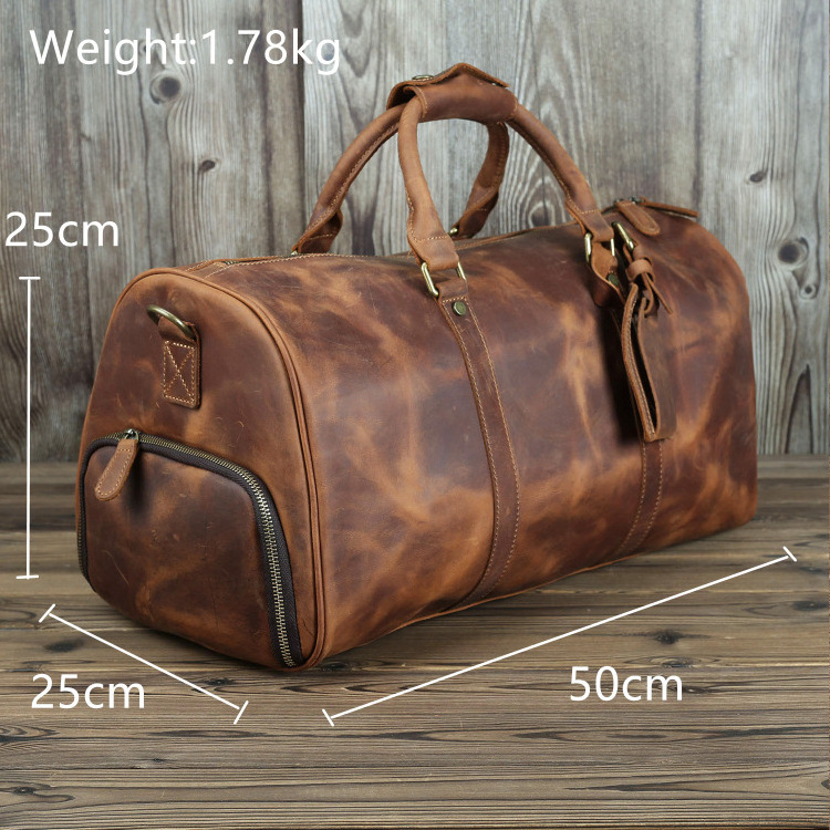 Vintage Crazy Horse Leather Men's Travel Duffle Luggage Bag With Shoes Compartment Bag