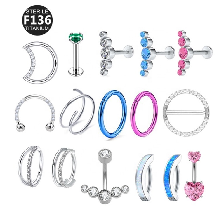 Gatte 100% sterile titanium 7mm nose flat back helix horse nostril nipple navel earring piercing jewelry with green crystals