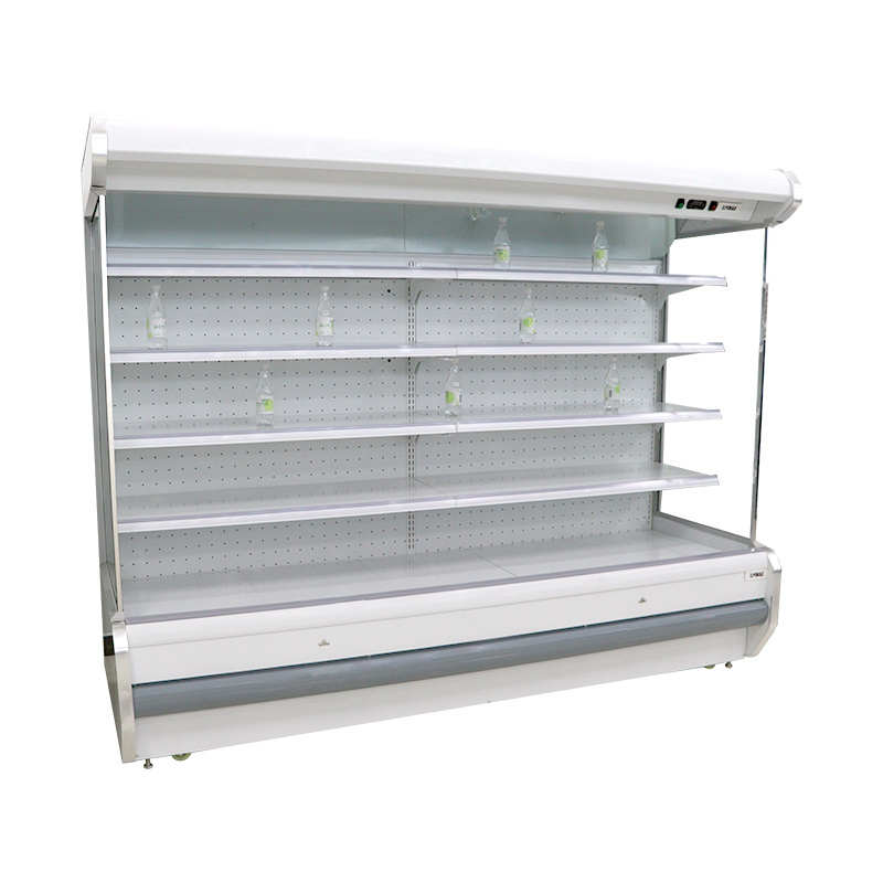 Open refrigerator supermarket commercial fruit vegetable drink beverage vertical display showcase refrigerator