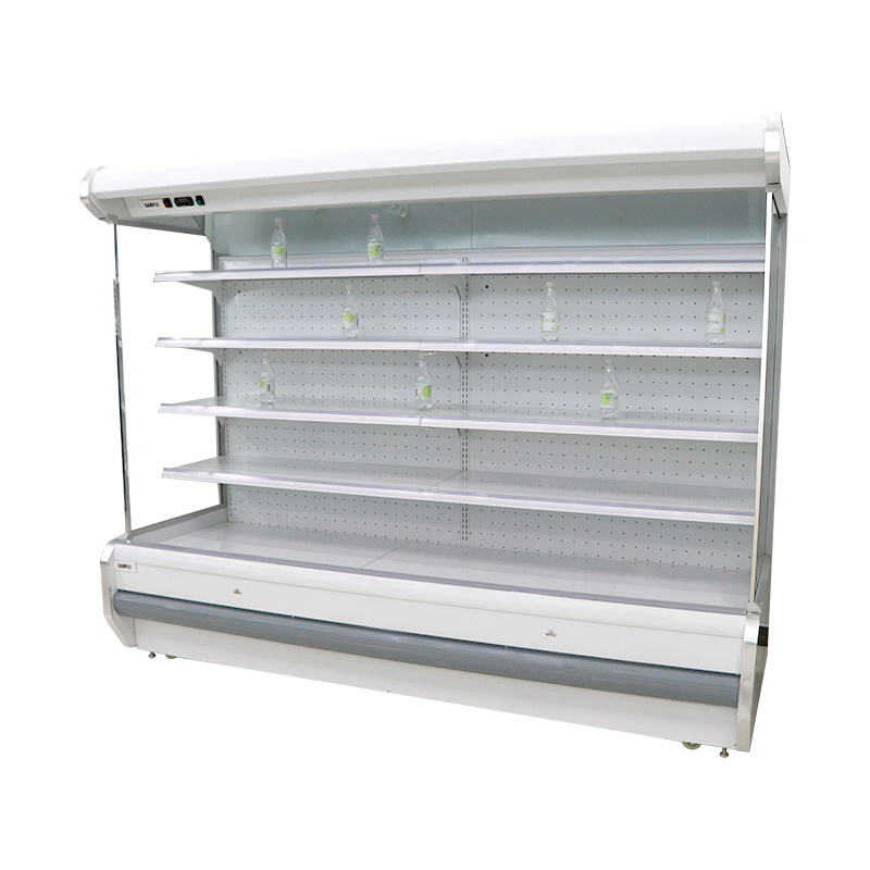 Open refrigerator supermarket commercial fruit vegetable drink beverage vertical display showcase refrigerator