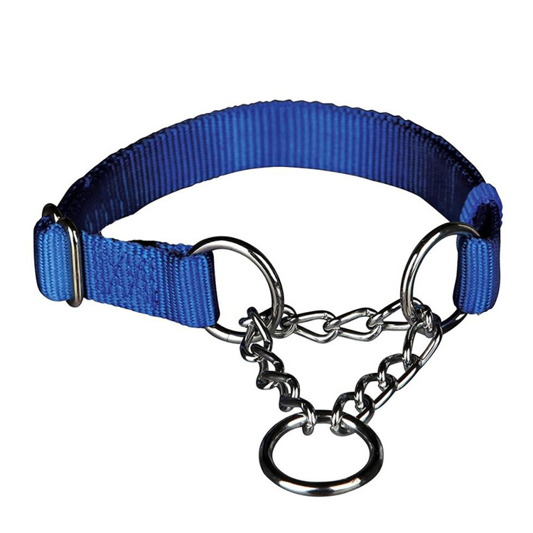 Free sample Wholesale Adjustable Nylon Martingale Dog Collar With Stainless Steel Choke Chain Loop