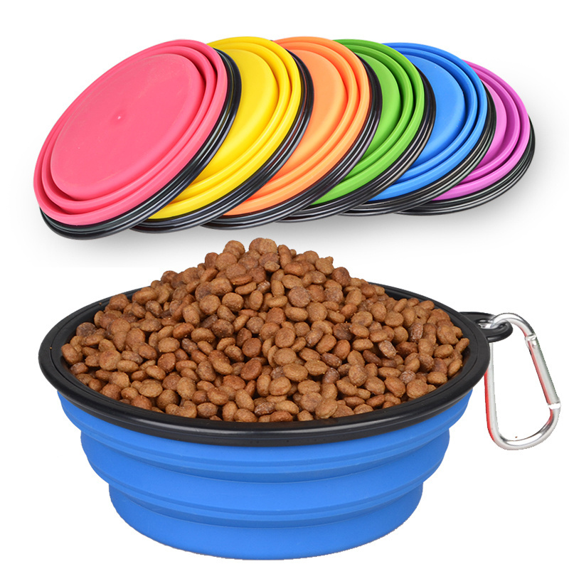 Factory Supply Travel soft Portable Pet bowls feeders Silicone Folding dog Bowls with Carabiner