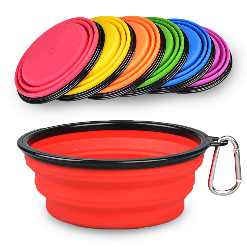 Factory Supply Travel soft Portable Pet bowls feeders Silicone Folding dog Bowls with Carabiner