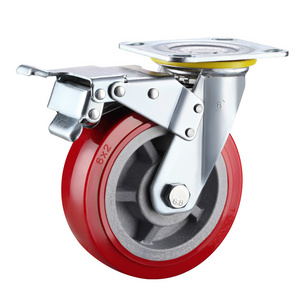 4" 5" 6" 8" Zinc Plated Total Brake And Lock Red PVC Polyurethane Heavy Loading Trolley Caster Wheels