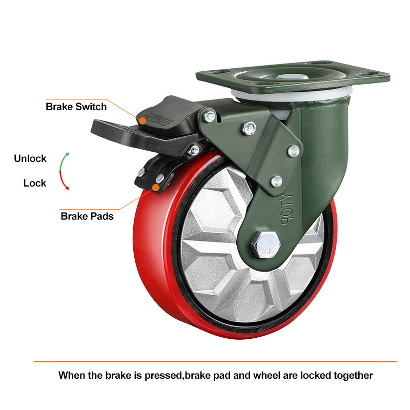 4/5/6/8 inch Industrial Medium Duty 100mm Castor pu red Swivel Heavy duty Caster rotating wheels