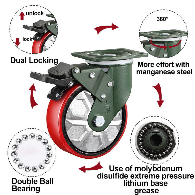 4/5/6/8 inch Industrial Medium Duty 100mm Castor pu red Swivel Heavy duty Caster rotating wheels