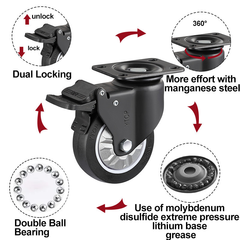 Double Ball Bearing Fixed Rigid Medium Duty Caster Wheel pu Plastic 3