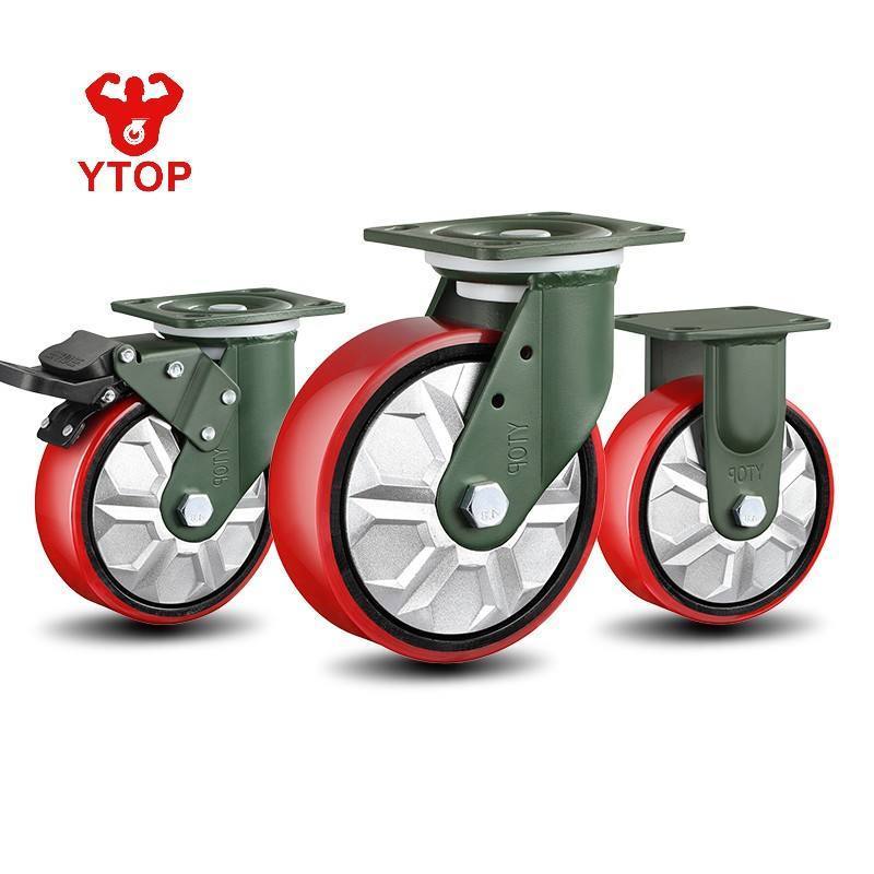 YTOP Style Red Pu Heavy Duty Caster Wheel 4 Inch 5 Inch 6 Inch 8 Inch Top White Series Plate Color Double Brake Material Zinc