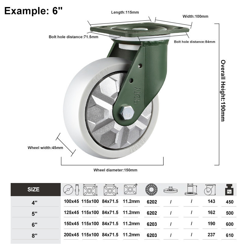 YTOP 4 5 6 8 Inch Heavy Duty Swivel Castor White Pa Nylon Caster Wheel For Industrial