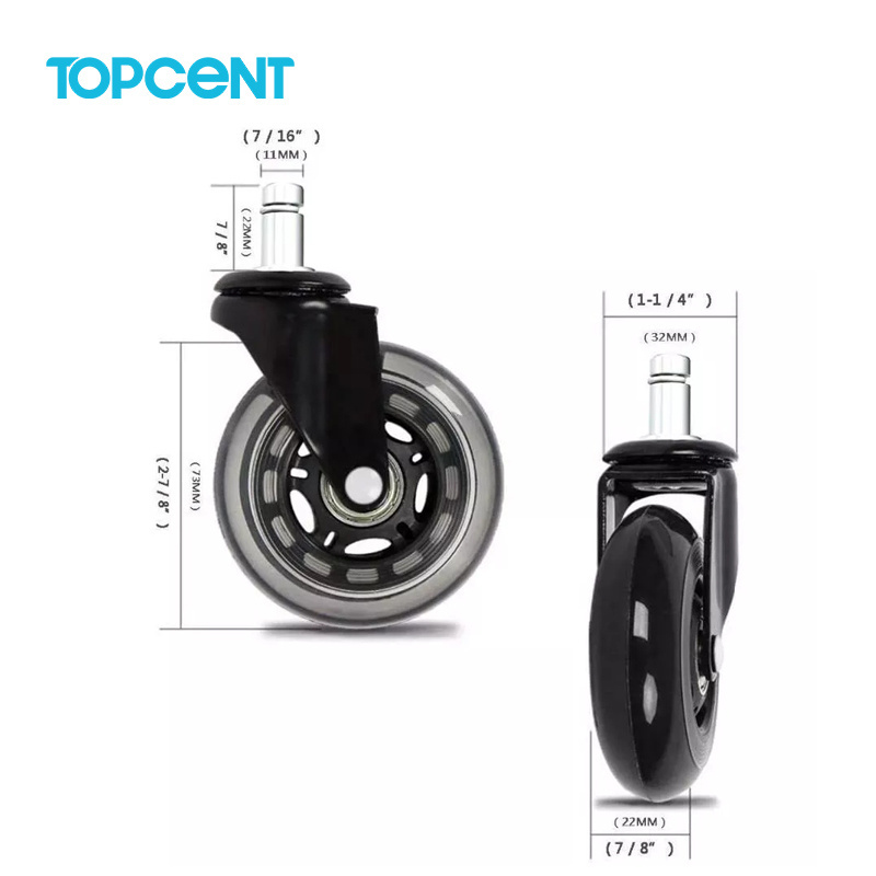 TOPCENT 3 inch 11/22 10/22 stem white roller polyurethane swivel office chair caster wheels for chair