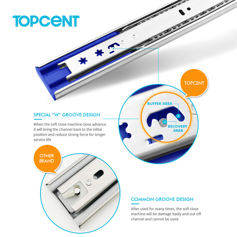 TOPCENT 35/45mm telescopic channel soft close Ball Bearing Drawer Slide for Furniture drawer slide rail