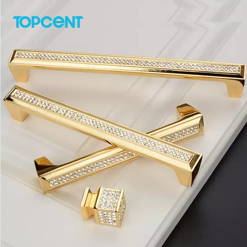 TOPCENT Furniture luxury gorgeousness Cabinet Drawer Pulls square tetragonum Gold crystal handle