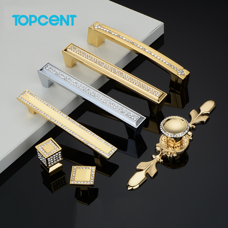 TOPCENT Furniture luxury gorgeousness Cabinet Drawer Pulls square tetragonum Gold crystal handle