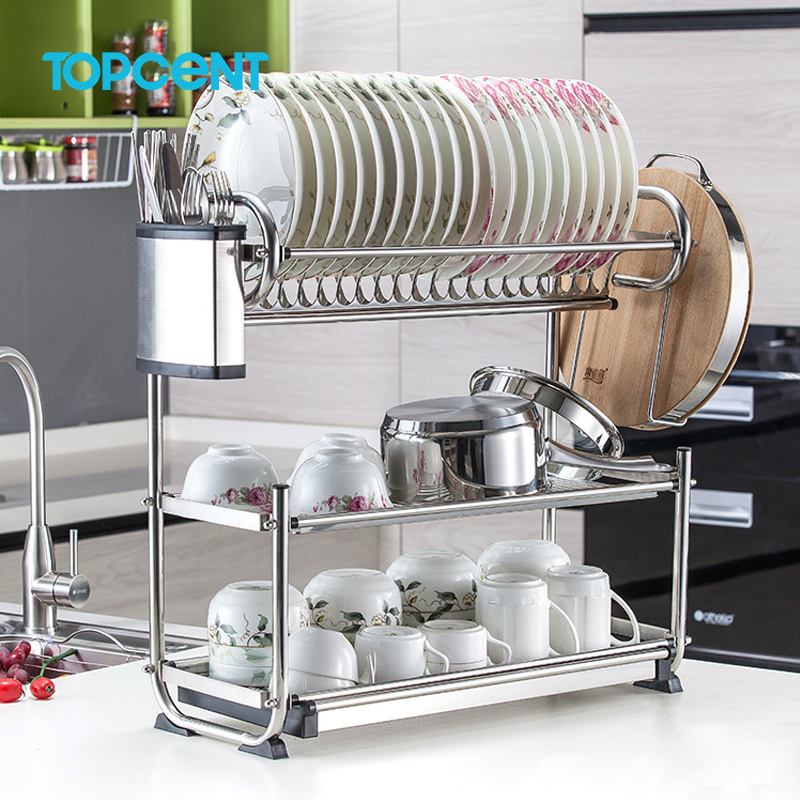 TOPCENT Kitchen Metal Iron 3 Tier Dish Rack with Utensil Holder Cup Holder Dish Drainer for Kitchen Counter Top