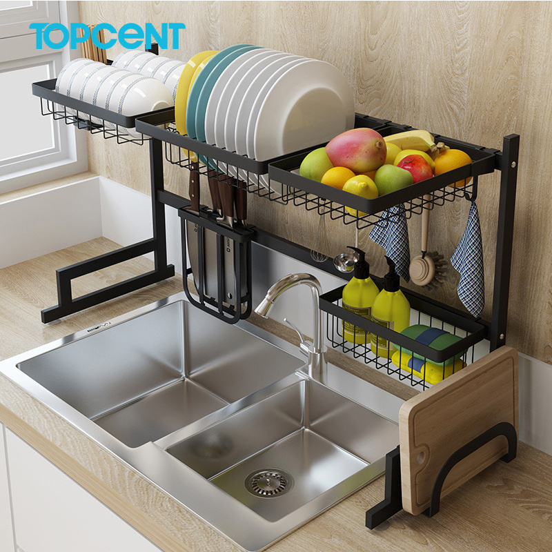 Topcent 2-Tier Stainless Steel Dish Drainer Kitchen Storage Organization Adjustable Over The Sink Shelf Dish Sink Rack