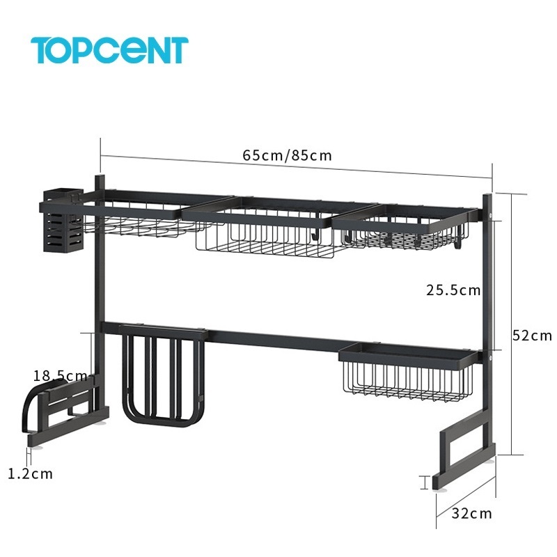 Topcent 2-Tier Stainless Steel Dish Drainer Kitchen Storage Organization Adjustable Over The Sink Shelf Dish Sink Rack