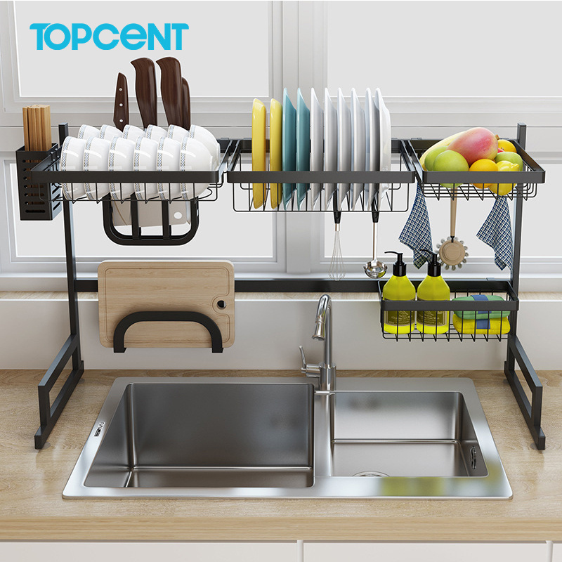 Topcent 2-Tier Stainless Steel Dish Drainer Kitchen Storage Organization Adjustable Over The Sink Shelf Dish Sink Rack