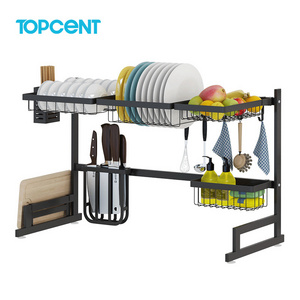 Topcent 2-Tier Stainless Steel Dish Drainer Kitchen Storage Organization Adjustable Over The Sink Shelf Dish Sink Rack