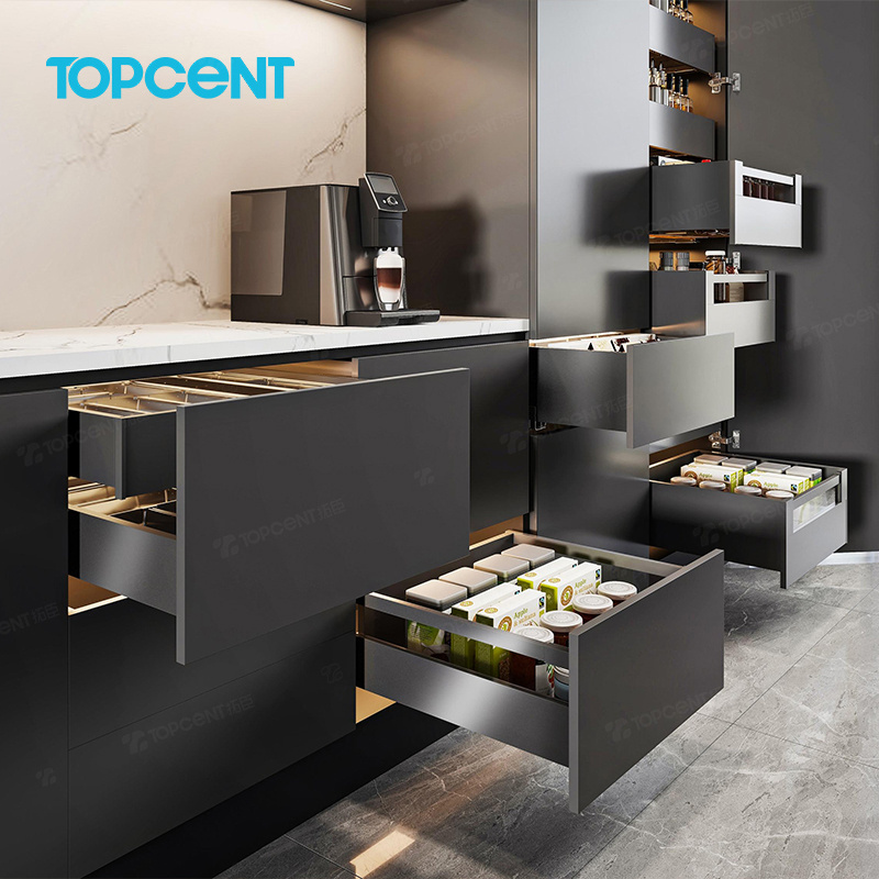 TOPCENT Ultra Thin Slim Metal Box Drawer Slide Modern 4D Adjustable Slim Drawer Box System for Kitchen Cabinet use