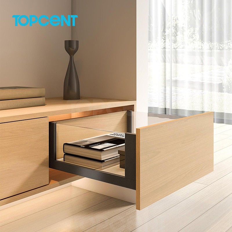 Topcent Grey Soft Closing Metal Box Drawer System Glass Channel Slide Kitchen Slim Drawer For Modular Kitchen