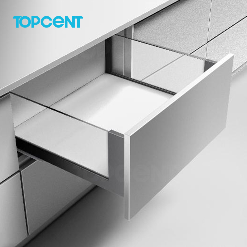 Topcent Grey Soft Closing Metal Box Drawer System Glass Channel Slide Kitchen Slim Drawer For Modular Kitchen