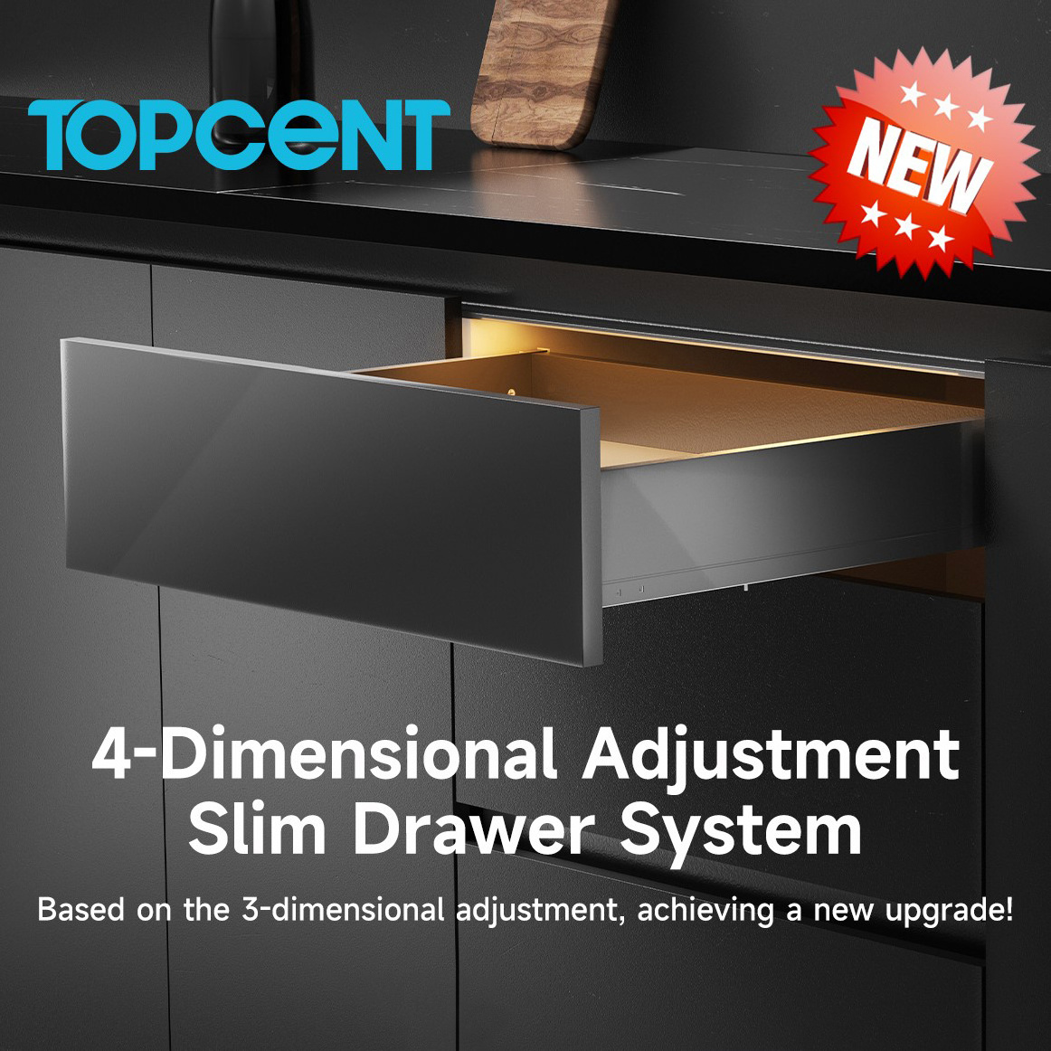 TOPCENT Ultra Thin Slim Metal Box Drawer Slide Modern 4D Adjustable Slim Drawer Box System for Kitchen Cabinet use