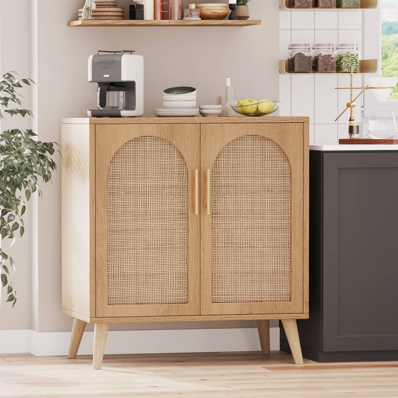 Modern Sideboard Buffet Cabinet Rattan Storage Cabinet with Doors Accent Bathroom Floor Cabinet for Living Room Entryway