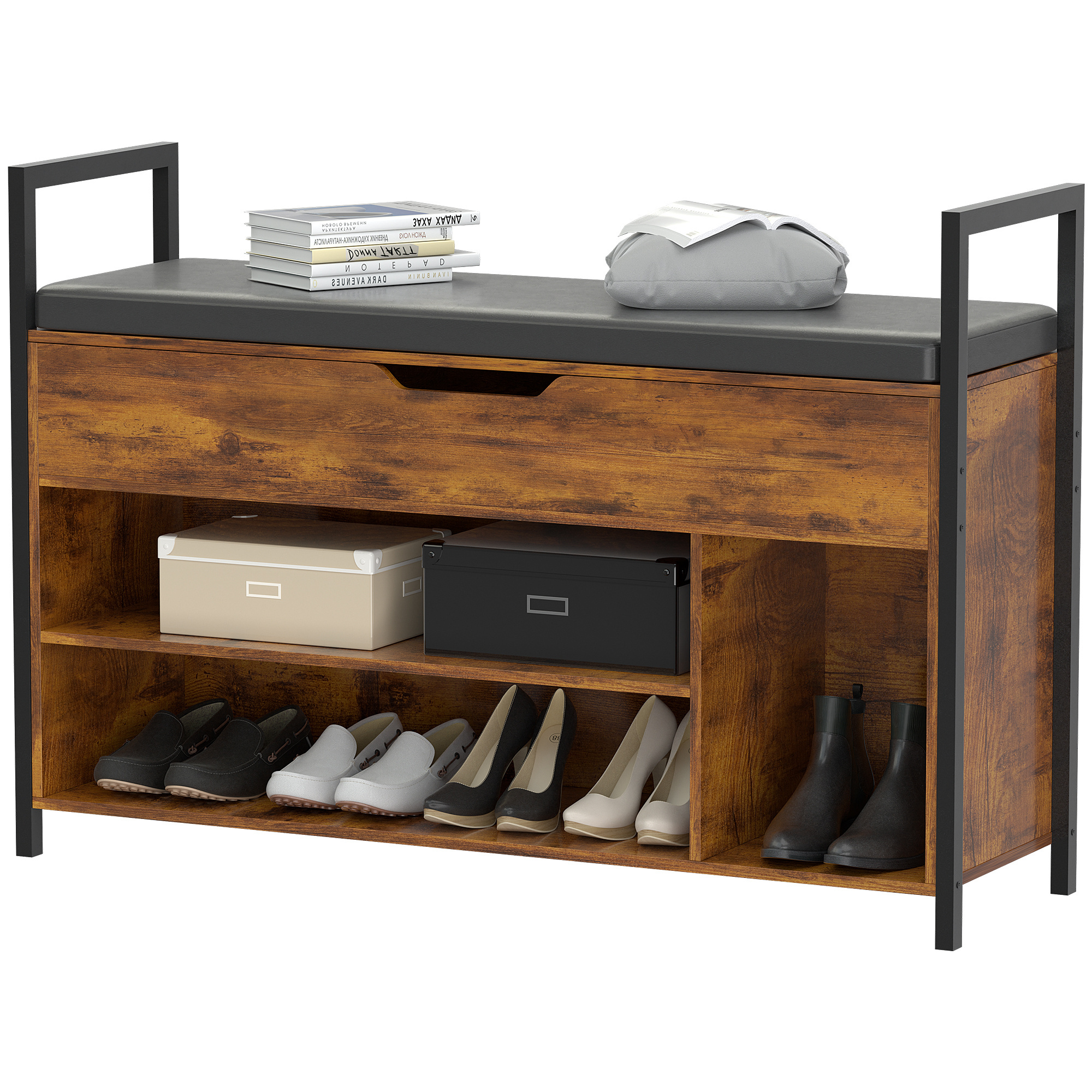 Shoe Racks Stands with Flip Top Storage Box and Padded Cushion Wooden Shoe Storage for Entryway  2-Tier with Storage For living